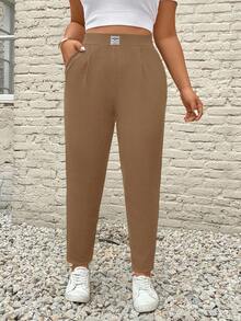 SHEIN PETITE CURVE Celana Panjang Wanita Ukuran Besar dengan Bordir Huruf dan Saku, Model Meruncing - Coklat - View 4
