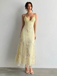 Aloruh Đầm nữ gợi cảm, thanh lịch, cổ chữ V sâu, xếp ly, eo ôm sát, thêu họa tiết lãng mạn. - Màu vàng - Xem 4