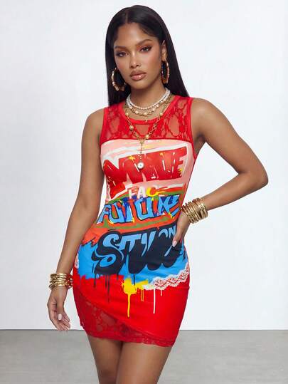 Gowayae Gowayae 优雅女士街头涂鸦印花撞色蕾丝休闲连衣裙，适合日常穿着、浪漫约会、轻松的社交聚会、派对、与朋友购物、周末郊游等。