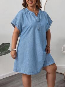 EMERY ROSE Mature Denim Đầm denim tay ngắn cổ chữ V dáng rộng dành cho nữ cỡ lớn - Rửa nhẹ - Xem 3