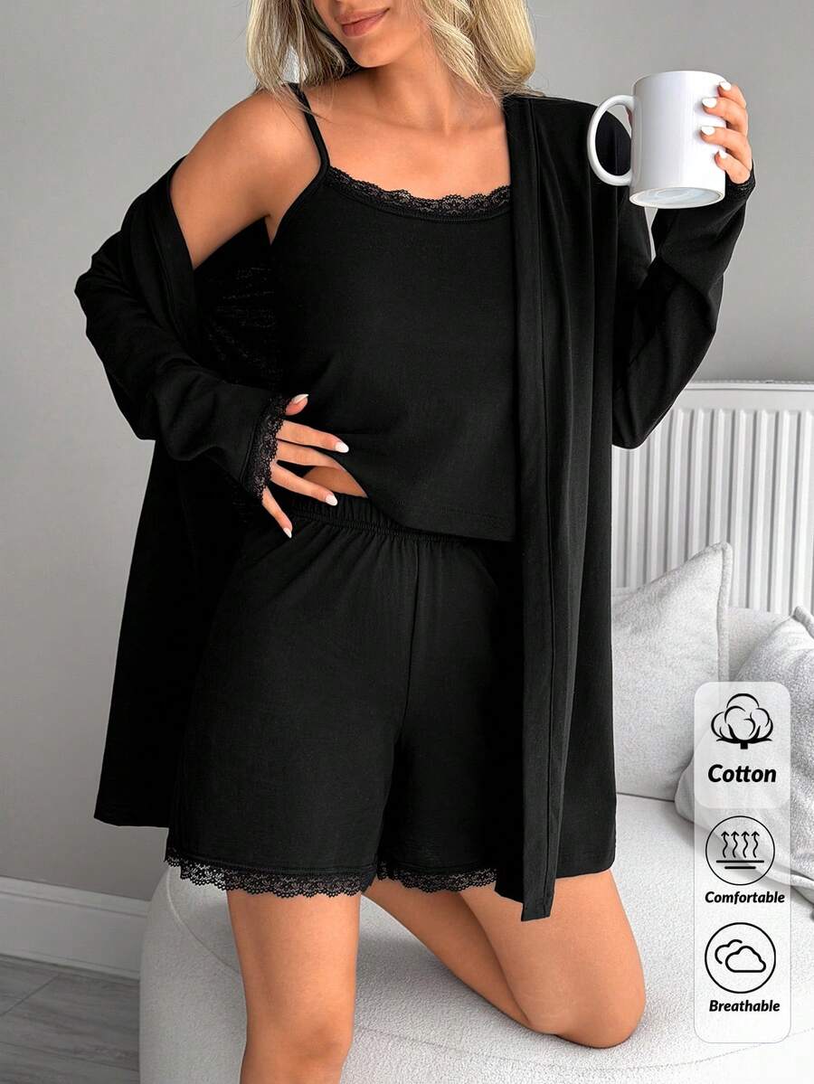 SHEIN 3pcs Ribbed Lace Trim Cami Top, Shorts & Cardigan Pajama Lounge Set – Soft, Stretch, Cozy Fit - Black - View 1