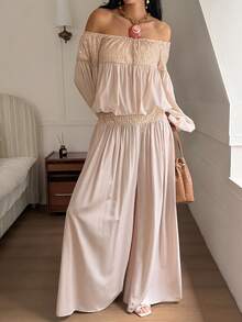 Livesso Sequin Patchwork Off-Shoulder Long Sleeve Top And Wide Leg Pants 2 Pieces Set For Women - Apricot - View 7