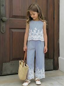 SHEIN Young Girls Striped Floral Embroidered Camisole And Pants Set - Multicolor - View 3