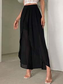 SHEIN PETITE CURVE Pantalon élégant taille haute pour femmes grandes tailles, avec ourlet asymétrique et détails de fente, léger et gracieux, convient pour le travail et les vacances d'été - Noir - Voir 5