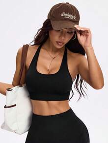 Velisys 3件套无缝针织女士运动文胸，带可拆卸胸垫和后扣 - 黑色 - 查看 4