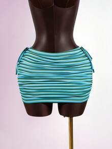 SaltGleam Women's Fashion Bodycon Drawstring Striped Blue-Green Mini Skirt, Suitable For Vacation, Daily Wear, Travel, Beach, Hot Spring, Sexy - Multicolor - View 5