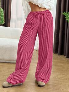 SHEIN EZwear 玫瑰红条纹印花休闲日常女裤，春夏款 - 玫紅色 - 查看 4