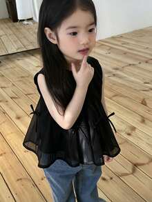 DAZY Blusa sin mangas con cuello redondo y decoración de lazo para niñas pequeñas, estilo coreano fresco de verano para niños pequeños - Negro - Ver 2
