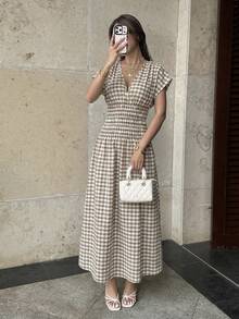 Elyressa Đầm dài dệt họa tiết kẻ caro thanh lịch mùa hè dành cho nữ - màu nâu - Xem 3
