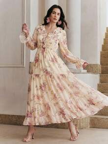 Anewsta New Arrival Spring/Summer Romantic Flowy Deep V-Neck Ruffle Hem Floral Print Maxi Dress For Women - Apricot - View 3
