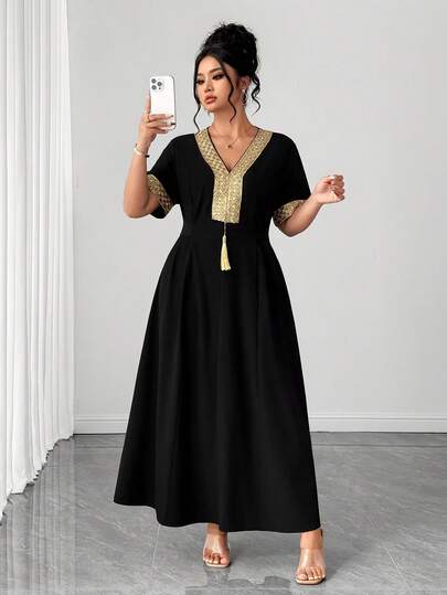 Elenzga Đầm ngắn tay thanh lịch viền nơ dành cho nữ cỡ lớn