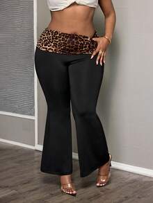 SHEIN PETITE CURVE Pantalon évasé décontracté polyvalent pour le travail avec imprimé léopard et patchwork pour femmes - Noir - Voir 5