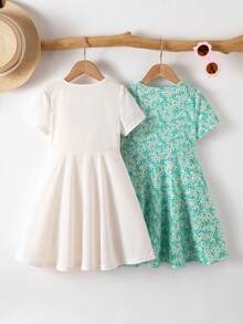 Elladie kids Bộ 2 chiếc váy ngắn tay in hình trái tim cầu vồng cho bé gái, kiểu dáng thường ngày, thích hợp cho mùa hè. - màu xanh lá - Xem 2