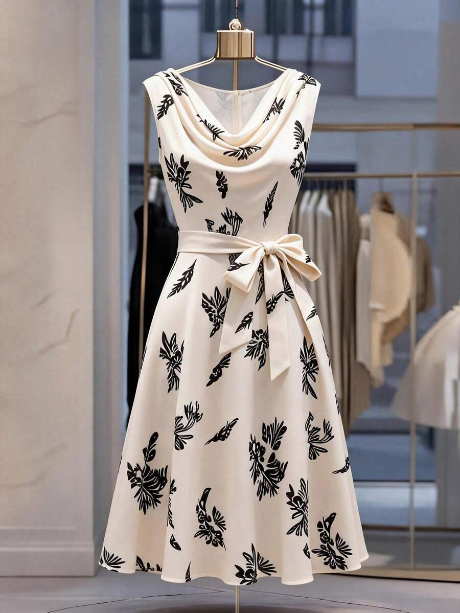 SHEIN Franclia 女士优雅简约夏季印花垂褶领无袖系腰连衣裙，适合日常穿着 - 杏色 - 查看 1