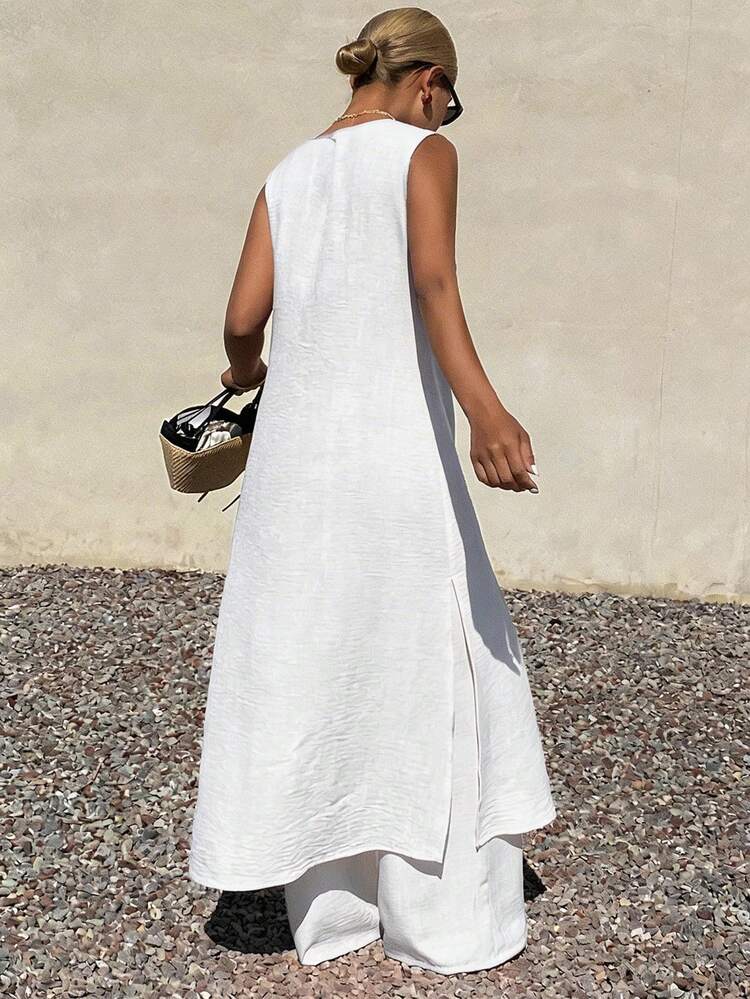 Women's Solid Color Knotted Front Sleeveless Top And Wide Leg Pants Casual 2 Pieces Set