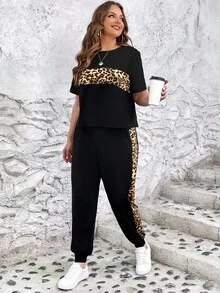 SHEIN LUNE Plus Size Women Leopard Print Short Sleeve T-Shirt And Pants Casual 2 Piece Set Tracksuit Co Ord Outfit For - Black - View 3