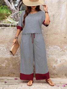 SHEIN LUNE 2件套加大码女式黑白条纹印花母亲节圆领短袖上衣和裤子套装，适合节日、夏季、90年代风格、街头风、波西米亚风、复古风、锐舞派对等各种场合。 - 酒紅色 - 查看 6