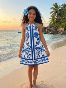 Vestido casual de tirantes con estampado floral azul para niña preadolescente - Azul - Ver 3