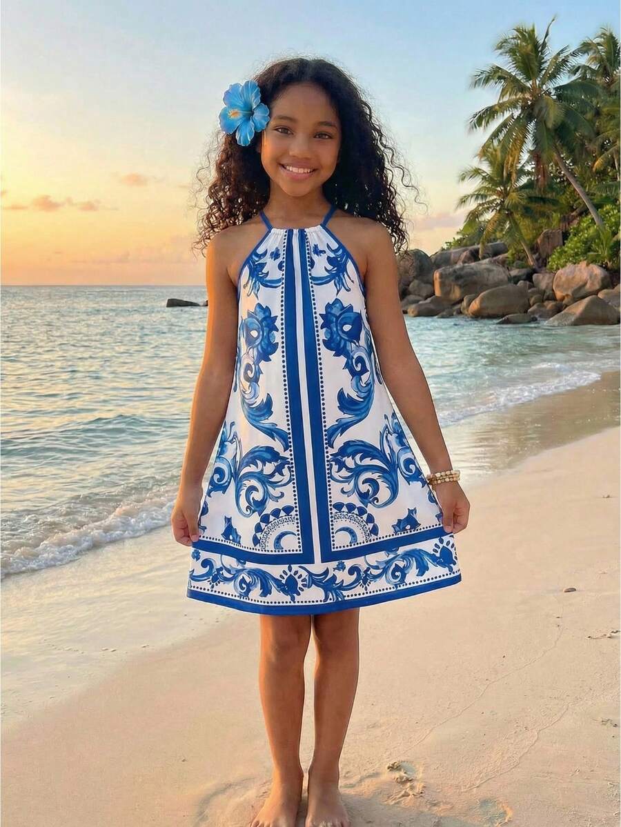 Tween Girl Blue Floral Print Casual Vacation Cami Dress - Blue - View 1