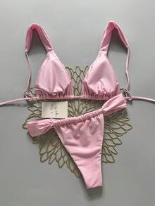 Swim Vcay 女款粉色三角比基尼上衣搭配丁字褲泳褲，綁帶式後背設計，純色泳裝 - 粉色 - 查看 2