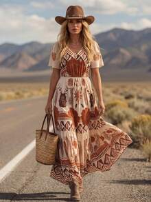 LanaWest 女士复古印花V领喇叭袖腰部荷叶边下摆波西米亚休闲连衣裙，夏季 - 彩色 - 查看 8