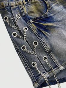 ROMWE Grunge Punk Plus Size Distressed Vintage Washed Side Metal Cross Pendant Low Waist Mini Denim Shorts - Blue - View 3