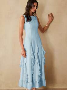 BELROSIE French Luxury Elegant Chiffon Off-Shoulder Waist Cinched Vertical Splice Ruffle Hem Slim Fit Dress For Women, Suitable For Vacation & Date - Blue - View 4