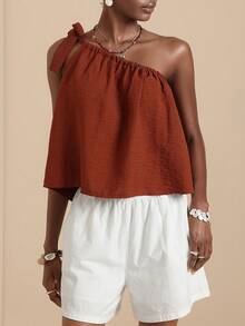 Vesra 女士不对称领口仿亚麻系带衬衫 - 鏽棕色 - 查看 3