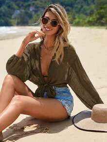 Swim Vcay Women's Solid Color Drop Shoulder Long Sleeve Short Kimono Cover Up - Chocolate Brown - View 7