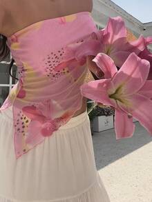 Sunnyshic 女士印花休闲百搭日常穿搭抹胸上衣 - 粉色 - 查看 4