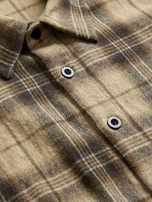 SUMWON Oversized Plaid Button Down Shirt Short Sleeve Casual Checkered Pattern Regular Collar Relaxed Fit Top, Scotch Shirt, Vintage Shirt Cropped Shirt - Coffee Brown - View 4