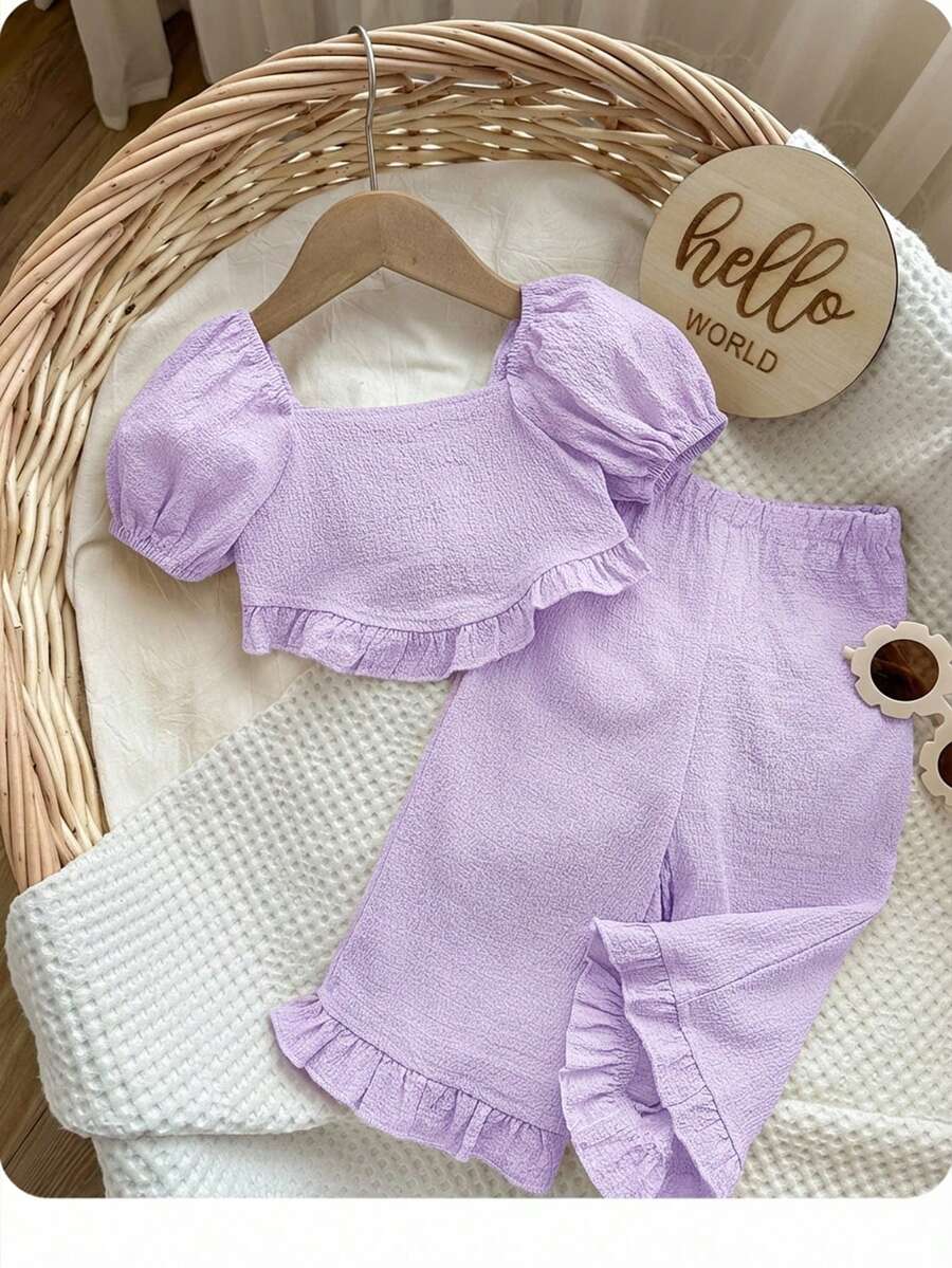 SHEIN 女婴夏季可爱纯色短袖上衣和裤子套装 - 淡紫色 - 查看 1