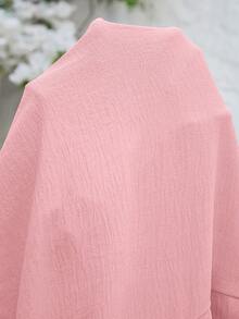 SHEIN CURVE+ 2026春夏新款大码度假休闲/日常休闲/外出/优雅派对/浪漫纯色黄色插肩袖弹力腰部收褶大A字摆梭织纹理面料女式大码长裙 - 粉色 - 查看 10