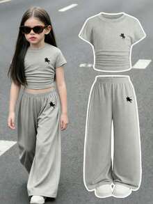 SHEIN 女童休闲T恤短裤套装 - 灰色 - 查看 8