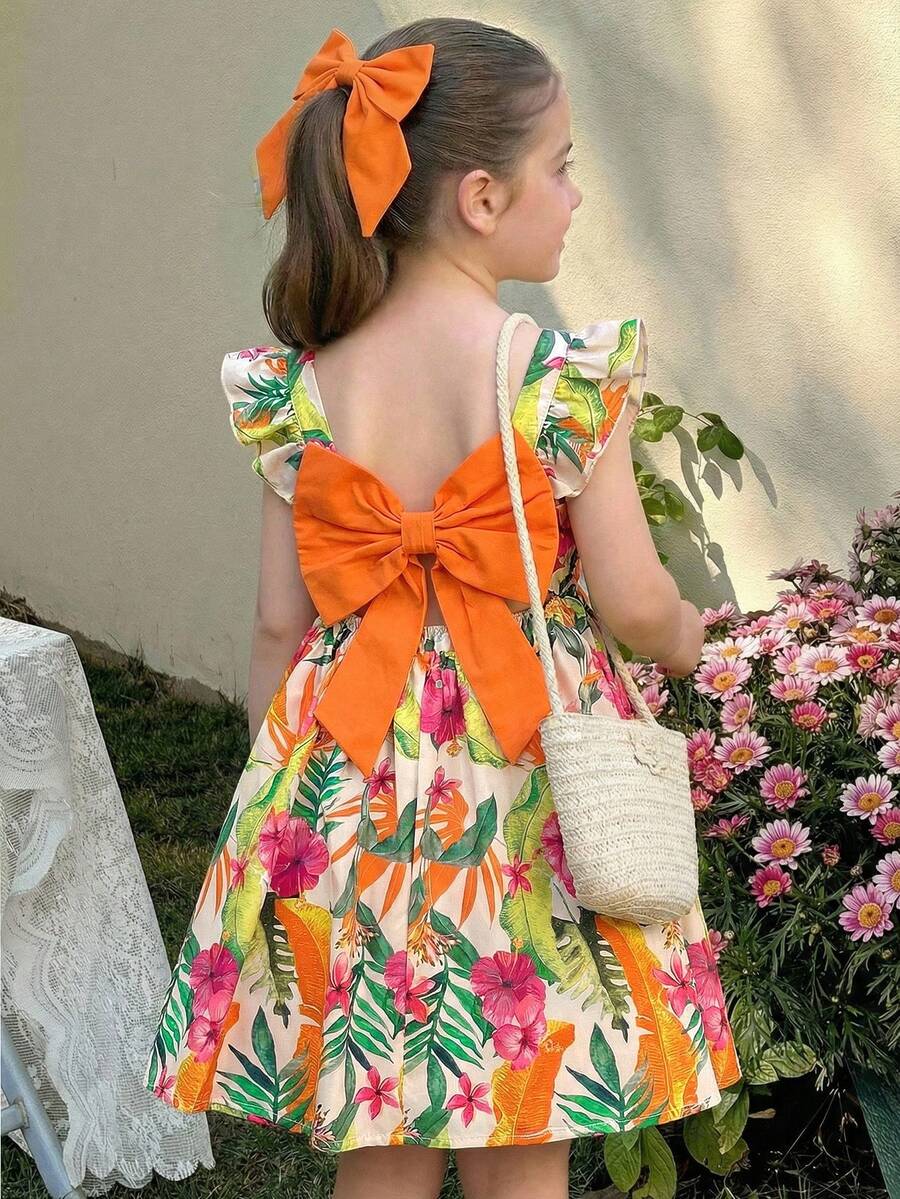 LMoss Kids Gaun Kasual Anak Perempuan Bahan Chiffon Motif Bunga Kecil Kerah Persegi dengan Hem Bergelombang - MultiWarna - View 1