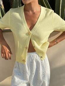 Livesso 女士黄色V领无袖针织上衣，春夏款 - 黃色 - 查看 5