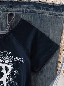 SHEIN Kaos Lengan Pendek Motif Huruf dan Garis-Garis untuk Remaja Perempuan - Navy Blue - View 5
