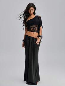 SHEIN Unity Women's Elegant Girlisim Sexy Lace Patchwork Low Waist Fishtail Skirt Golf Pastal Autumn - Black - View 1