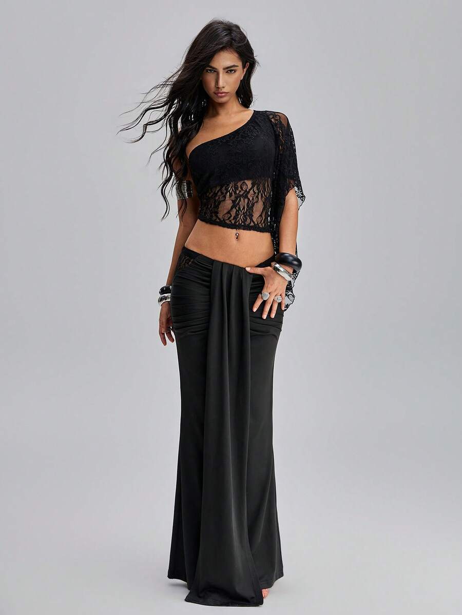 SHEIN Unity Women's Elegant Girlisim Sexy Lace Patchwork Low Waist Fishtail Skirt Golf Pastal Autumn - Black - View 1