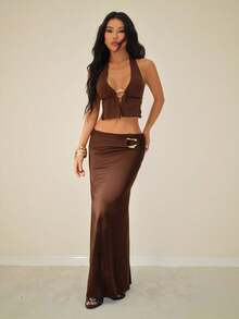 SHEIN PETITE Conjunto de dos piezas para mujer para uso diario - Café integral - Ver 5