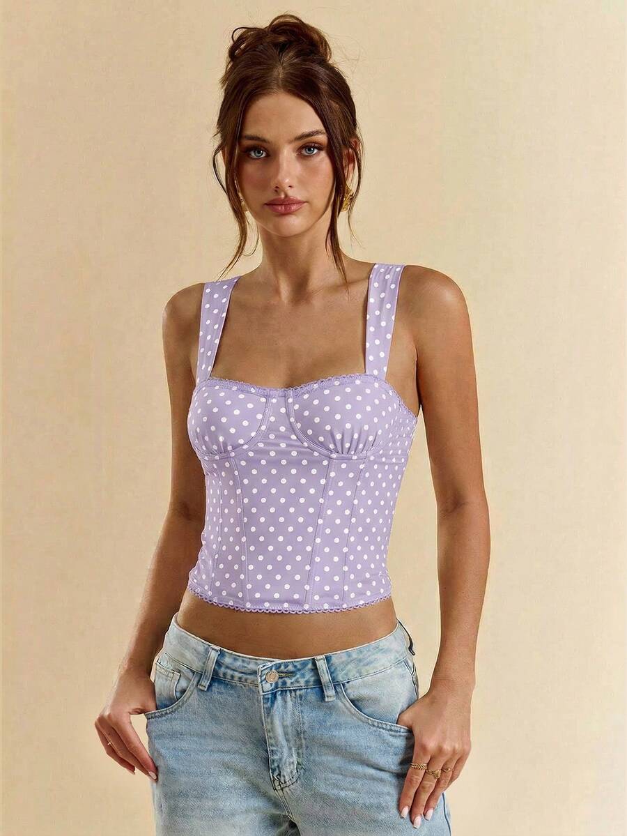 SHEIN BAE 女士约会之夜女友派对生日派对夜店装扮假日派对优雅黑色波点吊带背心，女友派对，约会，日常通勤束身衣，可爱束身衣，性感上衣夜店装，束身衣上衣，露肩上衣，夏季上衣，可爱上衣，女士夏季服装，束身衣上衣 - 淡紫色 - 查看 1