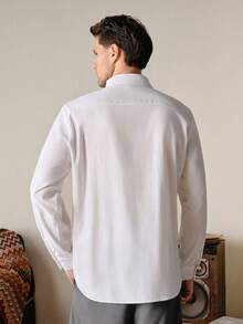 VeloEdit White Color Men's Solid Button-Down Long Sleeve Shirt, Collar, Fall Old Money, With Pocket & Button Front, Business Commuting & Boyfriend Summer - White - View 2