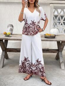 SHEIN Clasi V领上衣和阔腿裤套装，热带植物印花，适合日常穿着 - 彩色 - 查看 4