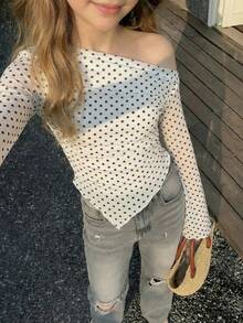 SHEIN 青少年女孩時尚圓點印花圓點網格不對稱下擺長袖T恤，通勤與日常穿著高時尚夏季款 - 白色 - 查看 9