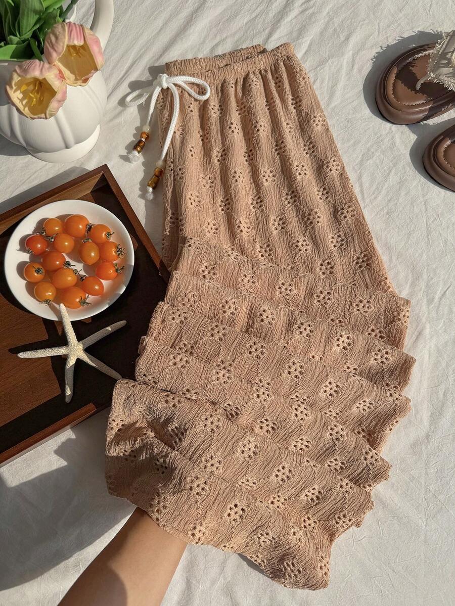 Comfortcana 女士抽绳腰带休闲百搭阔腿裤，适合日常穿着 - 卡其色 - 查看 1