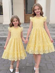 Elladie kids Blue Butterfly,Summer,Flower Girl Spring Dress For Young Girls,Rose Beige Lace Floral Fabric,Flutter Sleeves,Ruffle Hem,Chic Formal Elegant Outfit - Yellow - View 3