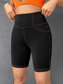 SHEIN PETITE CURVE Plus Size Letter Patched Top-Stitching Biker Shorts - Black - View 4