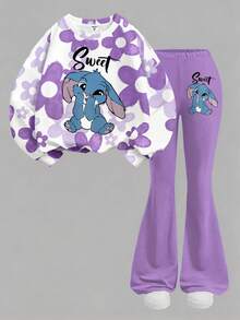 Set de 2 piezas de sudadera de manga larga con cuello redondo de ajuste holgado con estampado floral degradado morado y conejo azul de estilo kawaii para niña, adecuado para otoño/invierno, vuelta al colegio, estilo 2000, ropa Y2K - Multicolor - Ver 3