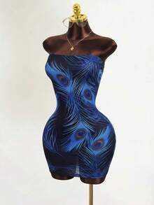 Mistrie Sexy Hot Girl Style Peacock Feather Print Strapless Bodycon Mini Dress For Women - Multicolor - View 5