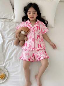 SHEIN Bộ đồ mặc nhà 2 mảnh cho bé gái: áo khoác cardigan và quần short cổ bẻ họa tiết nơ. - Nhiều màu - Xem 4